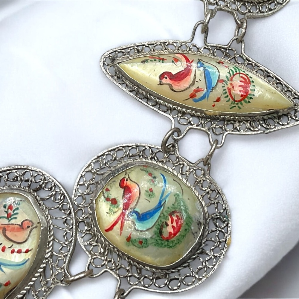 🌺 Antique Persian Hand-Painted Mother of Pearl Necklace & Earrings - Picture 6 of 15